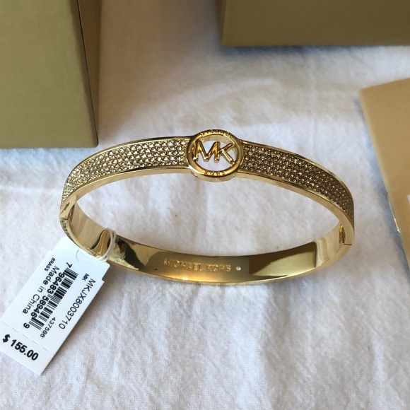 Michael Kors Polished Gold Plated Brass & Pave Crystals Logo Bangle NWT & Box - Picture 2 of 16